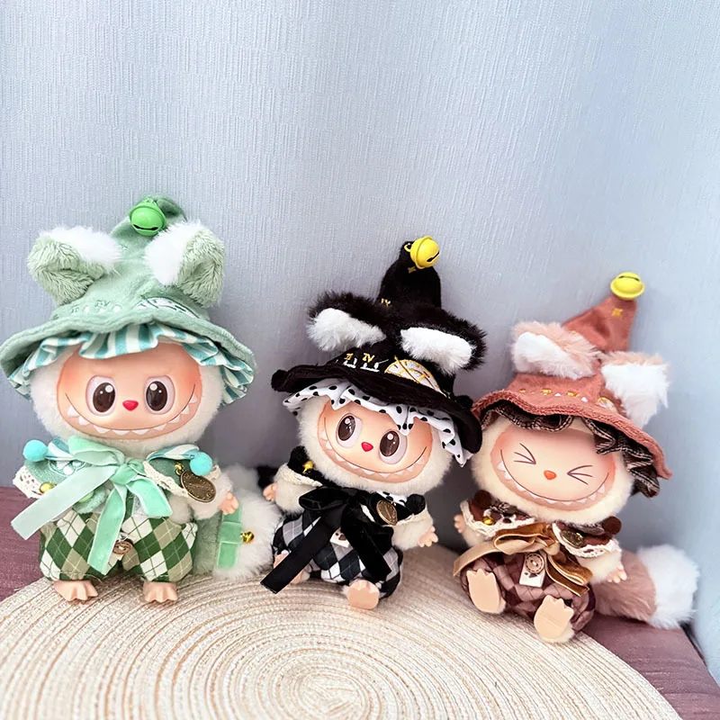 Vestiti per Labubu 1a-3a generazione 15/17 cm bambola magica strega vestito colorato cappelli da mago coda di peluche dettagli bambola elfo incantato