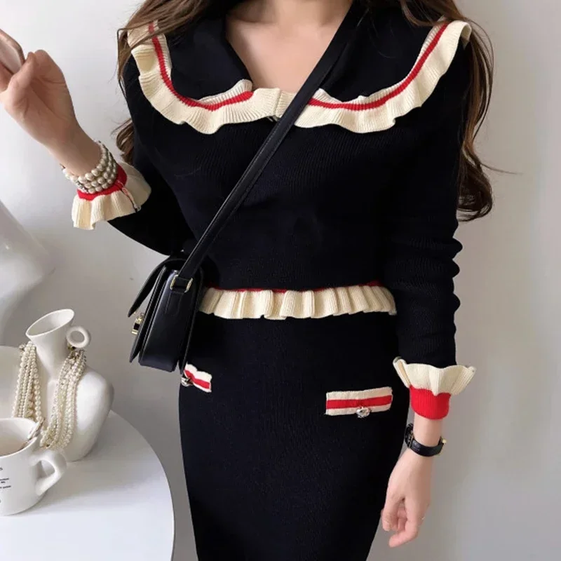 Neploe 2024 Autumn Sweet Two Piece Sets Age Reducing Peter Pan Collar Long Sleeve Sweater High Waist Slim Wrap Hip Half Skirt