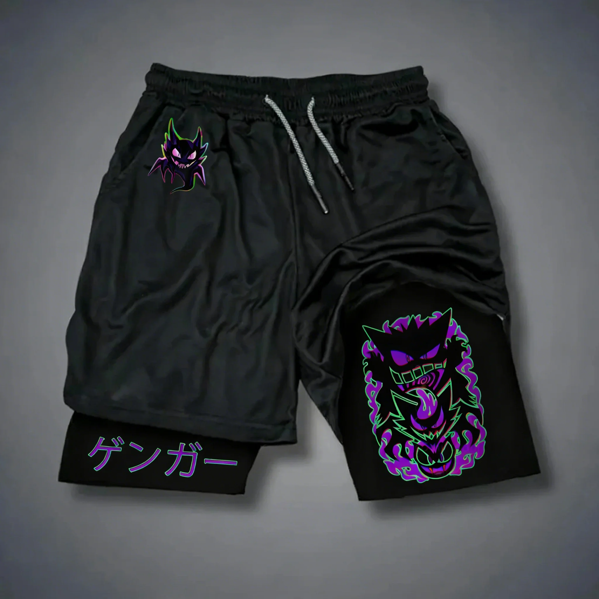 Pokémon Pikachu Gengar Printed Double Layer Shorts for Men's Fitness Exercise Loose Running Pants