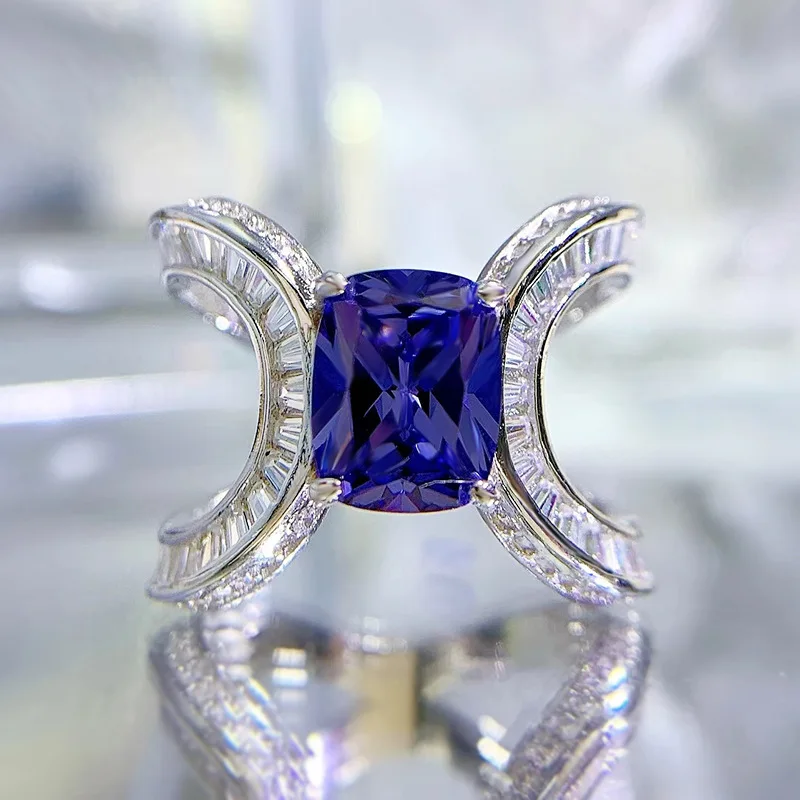 S925 Silver Ring Cornflower Sapphire 2.1ct Full Set Ladder Square Zircon Ring with Advanced Design Sense Ring Jewelry