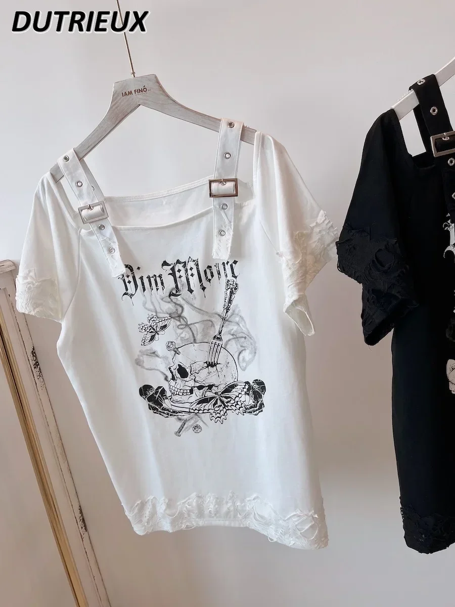 Summer Punk Goth Style Sexy Off-Shoulder Loose Straight Top Printed Ripped Short Sleeve Sweet Mid-Length T-shirt for Women