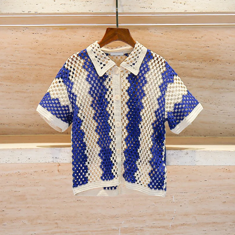 CHUJIE 2025, Sommer-Cardigan-Hosen-Set im französischen Stil, Blau, Weiß, Boho, Strand, Hochzeit, hohle Spitze, Sommergast – Viskose-Nylon