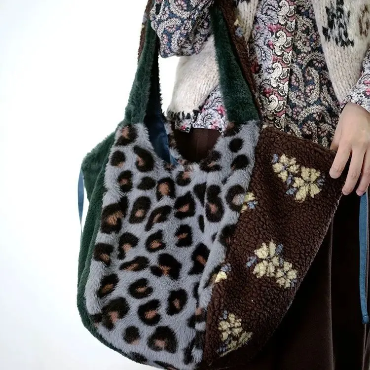 

Fashion Leopard Print Handbag Cute Cartoon Kitty Retro Plush Storage Commuter Bag Daily Matching Soft Versatile Girls' Gifts