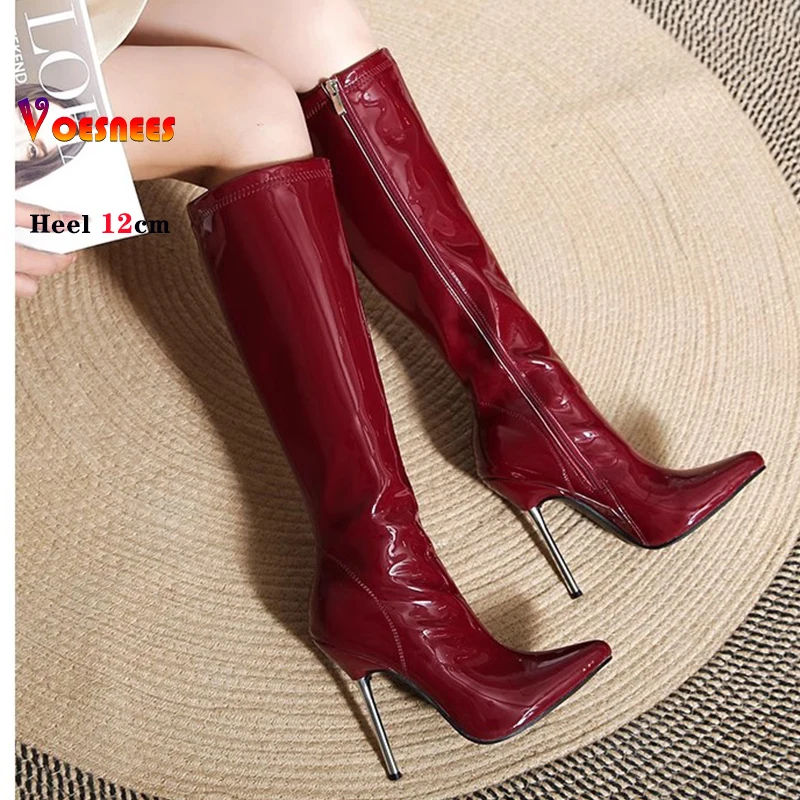 Wine Red 12cm Women Knee High Boots Black Matte Shiny Patent Leather Pointed Toe Zipper Tall Boots Size 45 Metal Heels Shoes