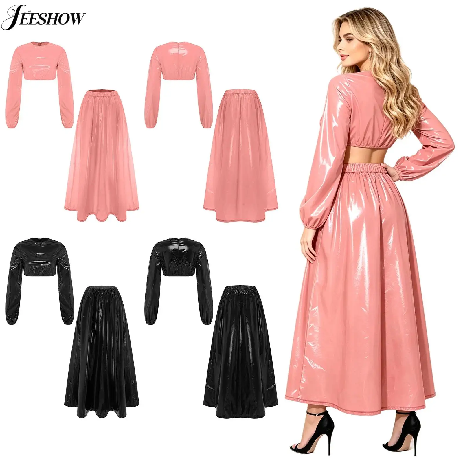 Womens 2 Piece Clubwear Waterproof Crew Neck Back Zipper Long Sleeve Crop Top with Swing Skirt Sets Rave Dance Party Outfits