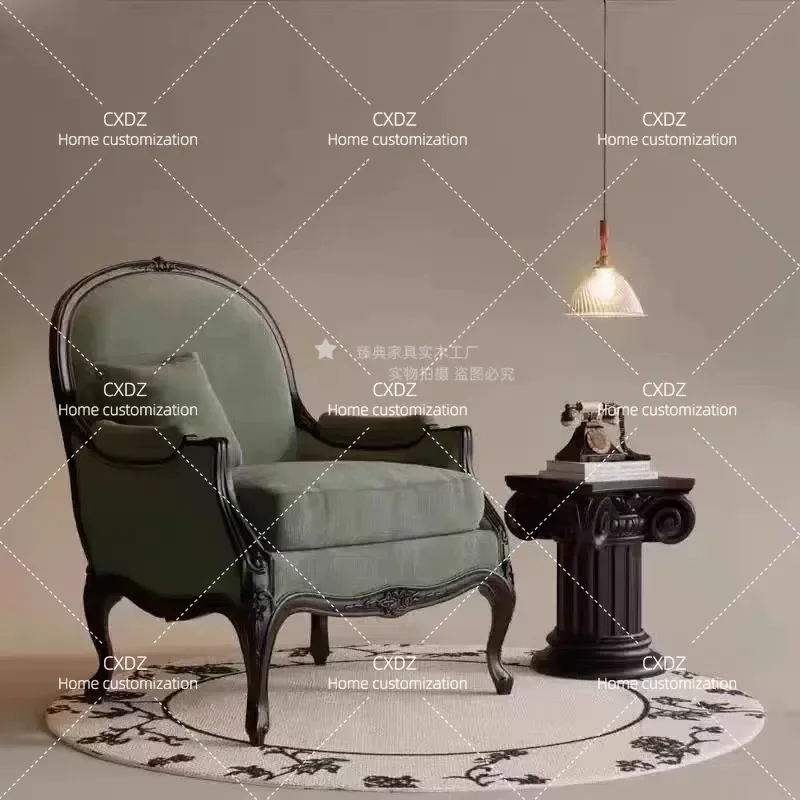 French Solid Wood Carved Floral Single Sofa Chair American Retro Living Room Bedroom Leisure Armchair Vintage Fabric Tiger