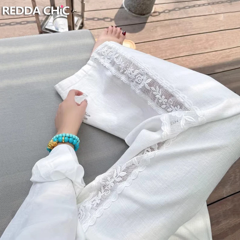ReddaChic Lounge Cotton White Pants Summer Stitch Lace Hollow Straight Loose Wide Leg Pants Trendy Vacation Korean Women Clothes