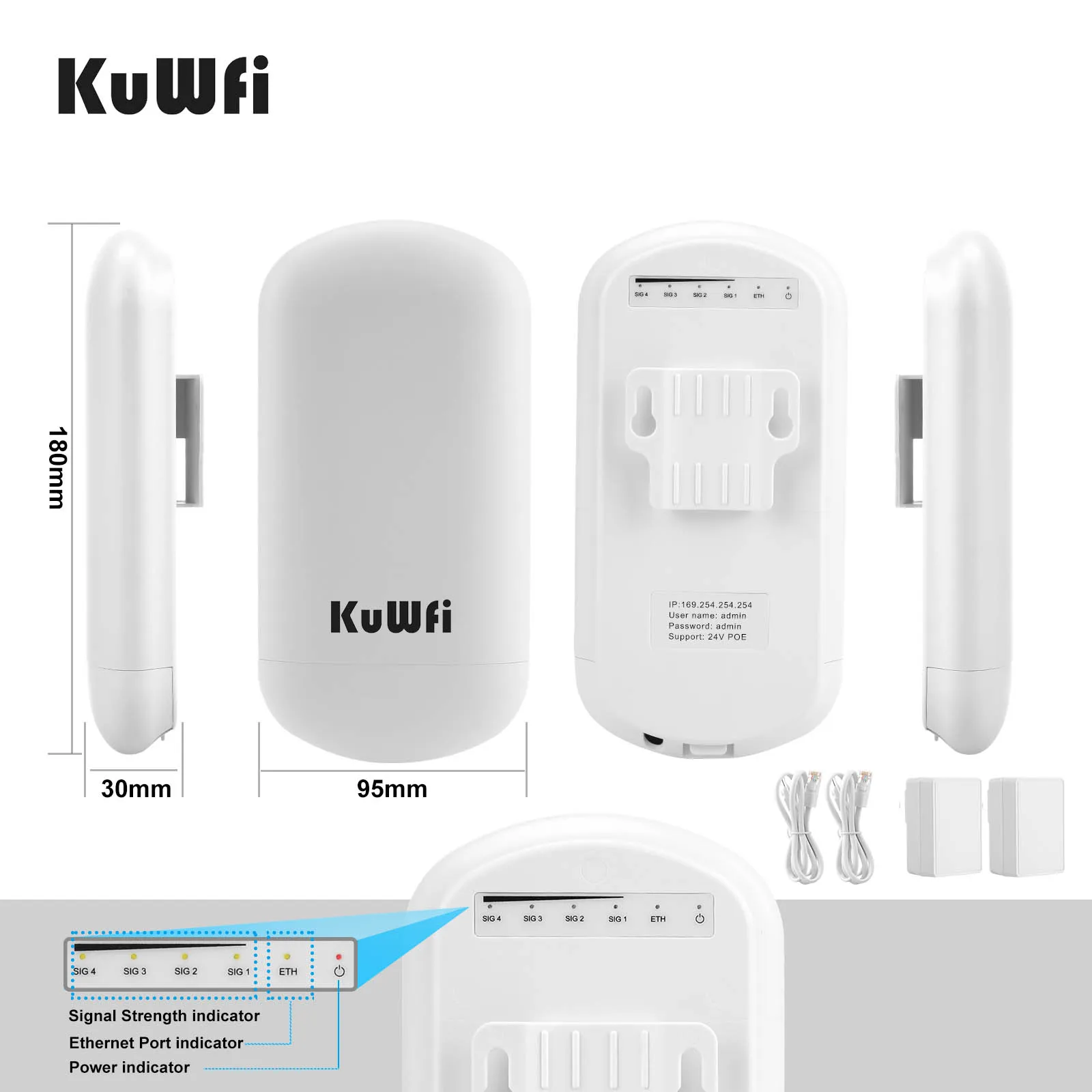 KuWFi 5.8G 450Mbps Wireless Bridge Outdoor Router CPE Point to Point 1-2KM Long Range Access With 8dbi Antenna 24V POE Adapter