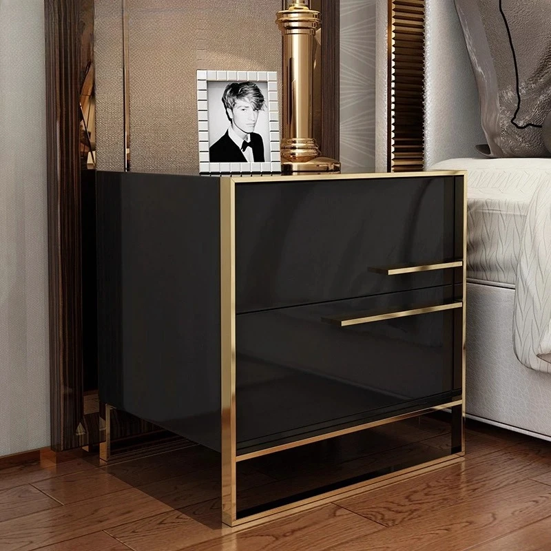 

Роскошная глянцевая тумбочка Постмодернистская прикроватная тумбочка Черно-белый глянцевый лаковый шкаф Минималистичный органайзер для хранения в спальне