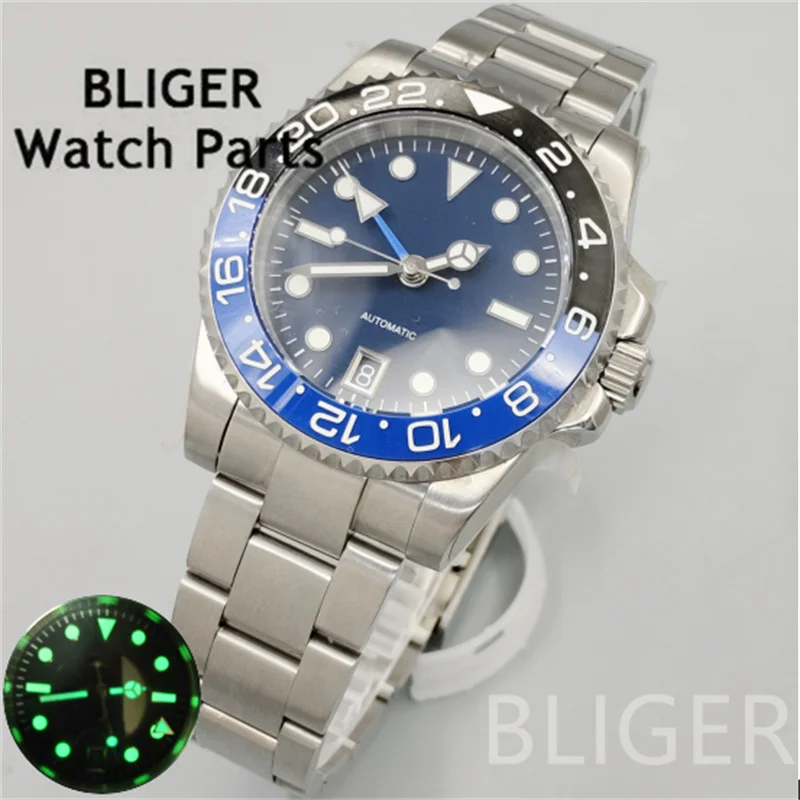 BLIGER 40 мм синие, зеленые, черные, белые часы для мужчин NH34 GMT механические наручные часы со светящимся циферблатом, сапфировое стекло, 6 часов