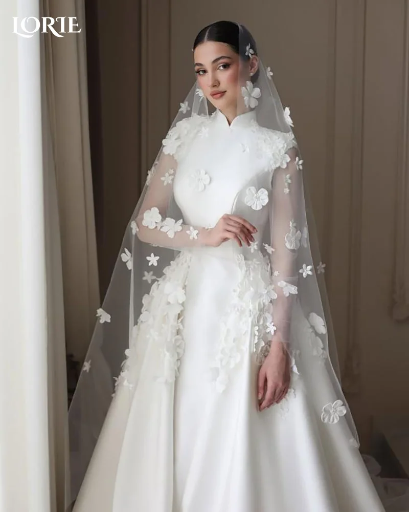 LORIE Sexy Satin Church Wedding Dresses High Collar Long Sleeve A-Line Customized Ivory Plus Modern Bridal Gown Party Dresses