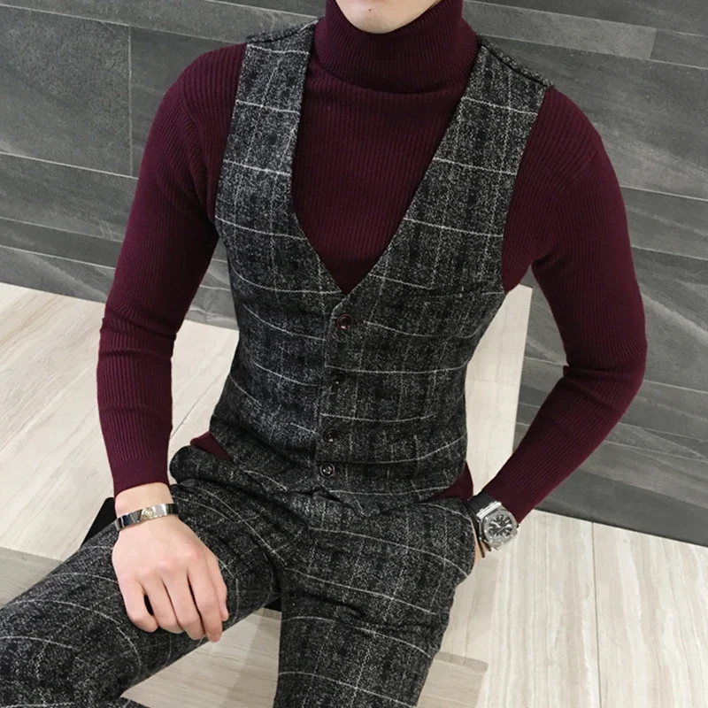 Fine Cotton Fashion High-quality Goods Men\'s Grid Formal Wedding Dress Waistcoat Suit Vest Male Thick Grid Business Suit Vests