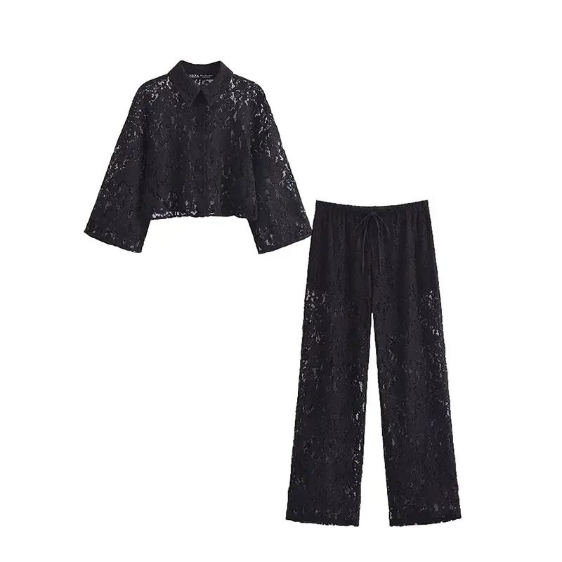 2024 Spring Women Lace Pants Sets Woman Loose Shirt Blouse Women Casual Straight Pants Women 2 Piece Set