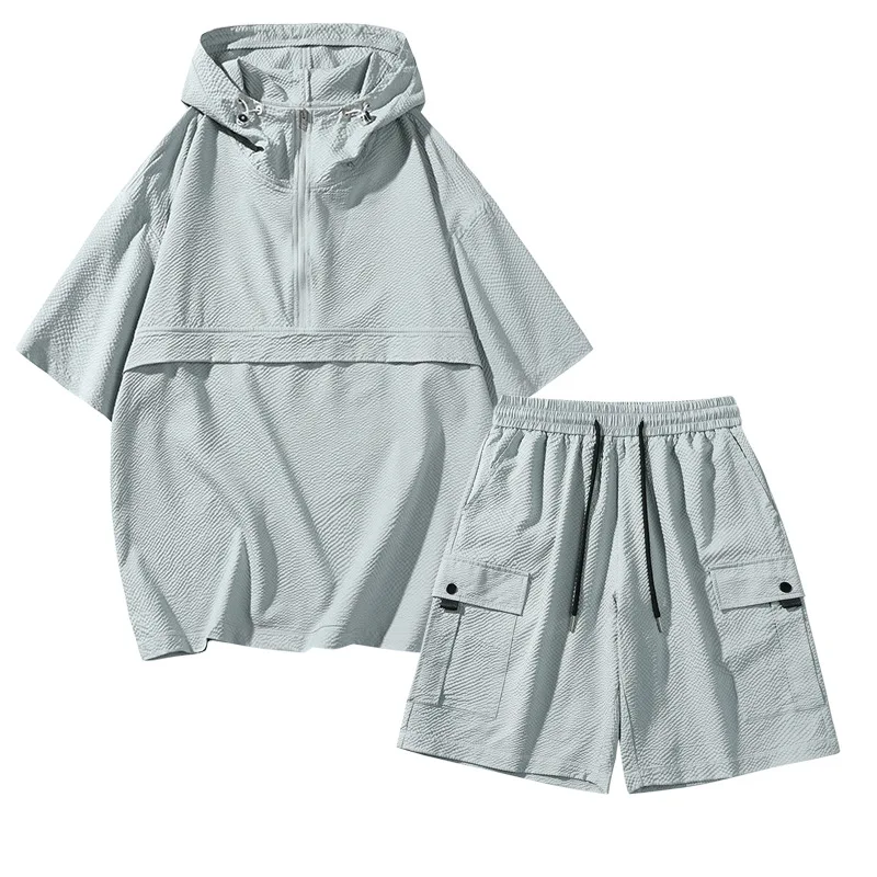 

UPF50 Men Mosquito Proof Sportswear Set 2025 Summer Hooded Polo Shirt Mid Pants 2 Piece Outdoor Workwear Sun Protection