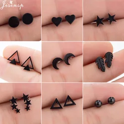 Fashion Stainless Steel Geometric Earrings Black Small Star Moon Round Triangle Ear Studs for Women Men Hip Hop Ear Jewelry 2024