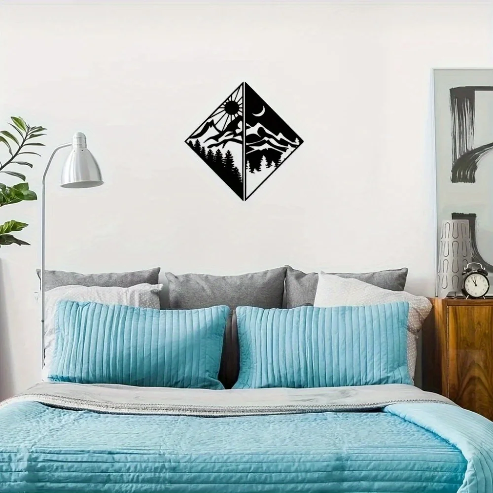 CIFBUY 2Pcs Mountain River Sun Moon Iron Metal Wall Sculpture Modern Nature Hanging Mural Decor For Festival Home Ornament