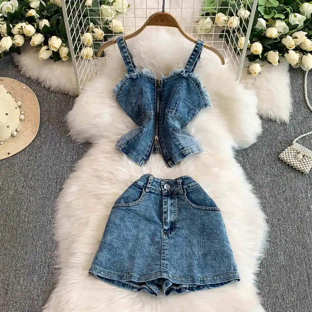 

Летние женские джинсовые шорты и юбки, комплект, сексуальная майка с двойной молнией и необработанными краями + утягивающая короткая юбка с высокой талией, комплект из 2 предметов