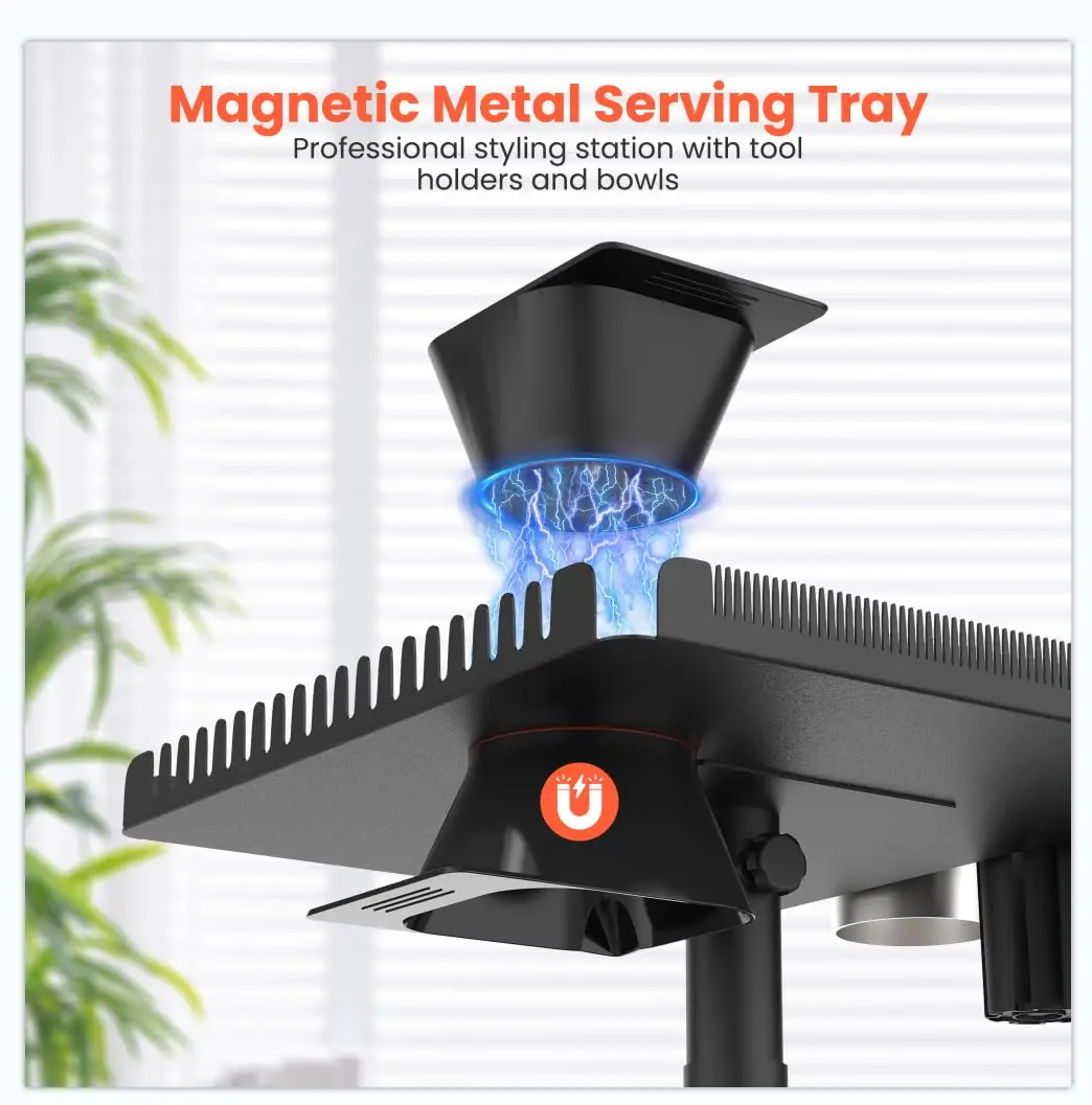 Salon Rolling Tray Cart with Wheels Adjustable Height 22-38 In 2 Magnetic Hair Dye Bowls Heat Resistant Tool Slots Braiding Rack 5-Star Base Cart