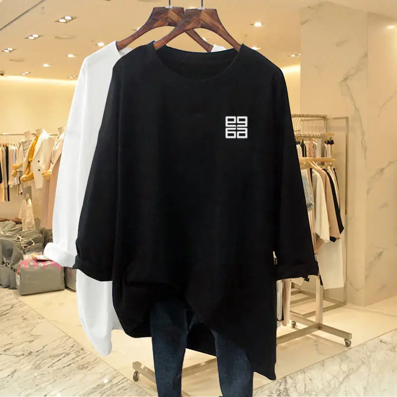 Women\'s Clothing Solid Pure Cotton Loose Long Sleeve Tshirt Autumn Casual Fashion All-match Oversized Tees Chic O-neck Basic Top