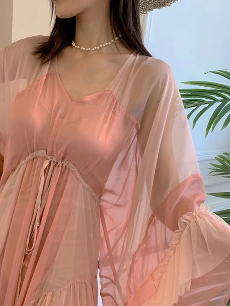 DEAT Woman Dress Pink Cake With Lined Mesh Flare Sleeve Drawstring Waist Elegant Fashion Beach Style 2024 New Summer 15HT424