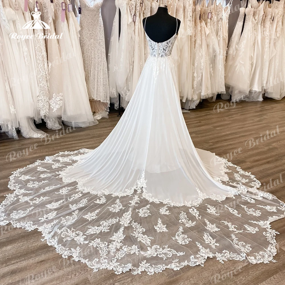 Roycebridal z wycięciem paski Spaghetti koronkowe suknie Boho weselny aplikacje dworskie wycięte 2023 Boho weselny cywilnych Vestido Dr