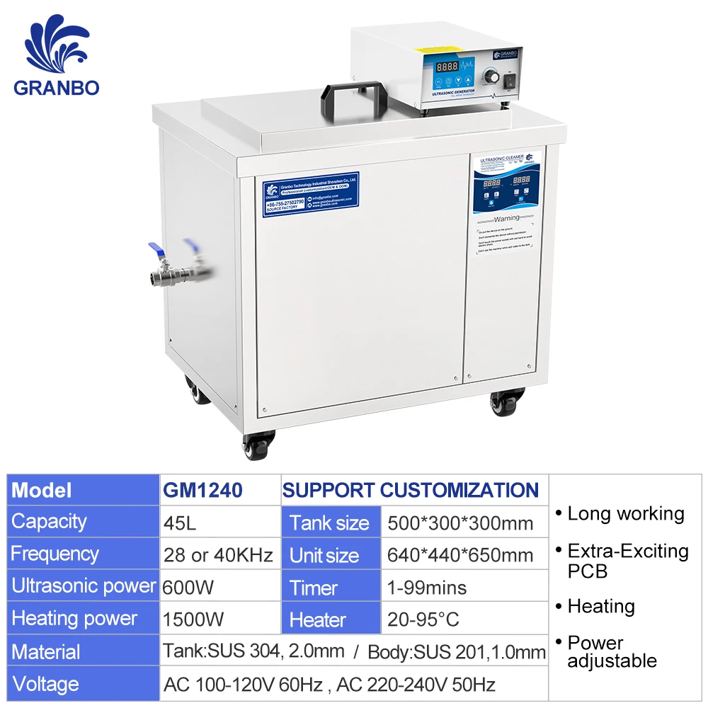 Granbosonic 45L 28KHz 40KHz 600W Industrial Ultrasonic Cleaning Machine Single Tank Auto Parts Oil Rust Removal