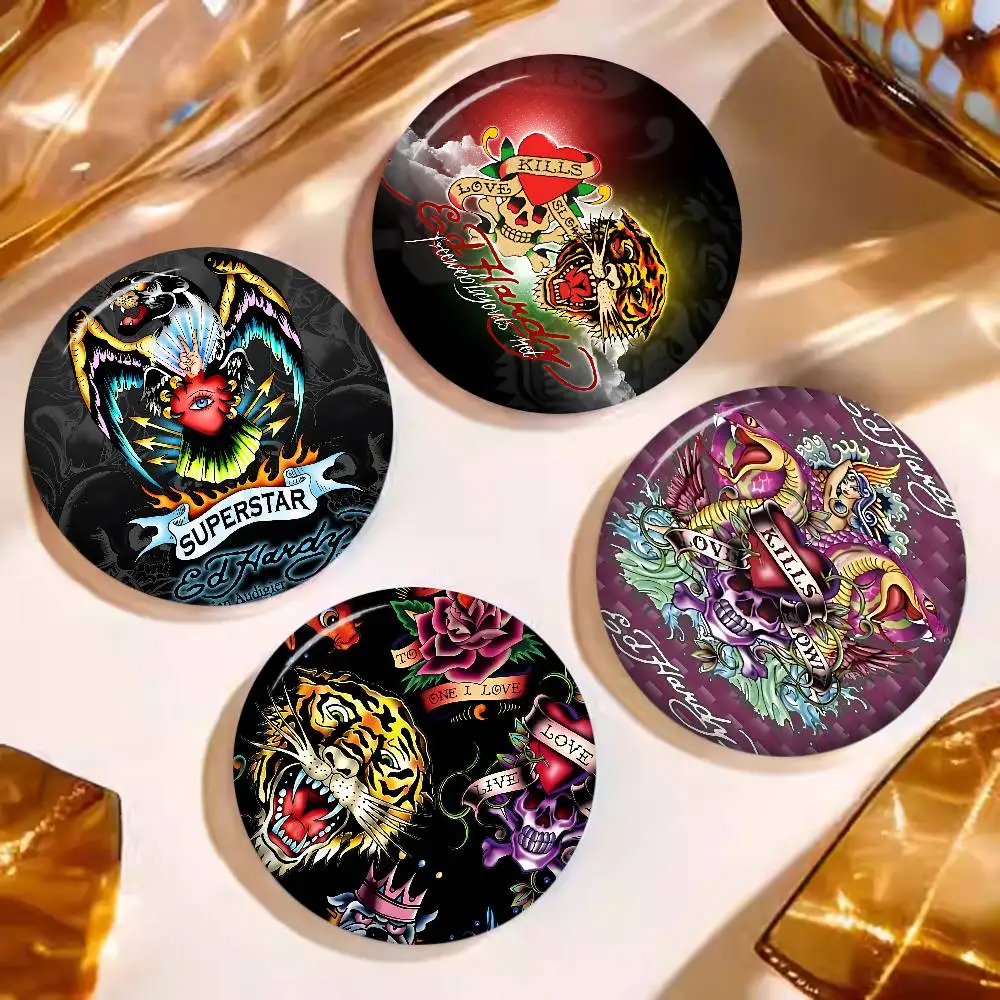 Ed-hardy Tattoo Tiger Round Button Pins Slogan Creative Brooches Backpack Clothes Decoration Fashion Cartoon Jewelry Gifts