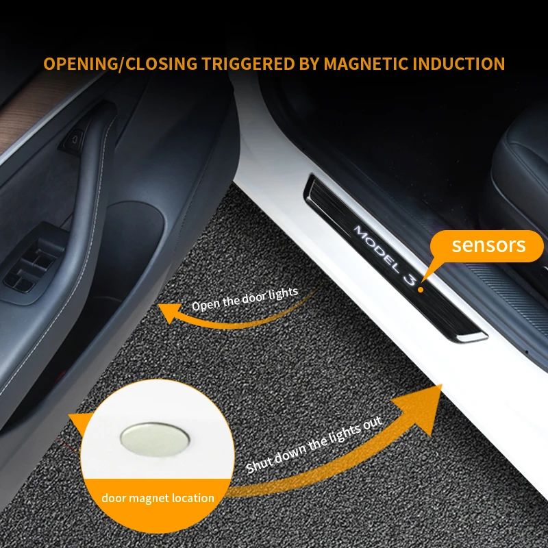 New Wireless LED illuminated Pedal Magnet Car 4xDoor Sills Protector Model Y Model 3 Door Edge Protectors For Tesla Accessories