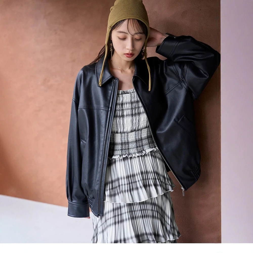 

Torowee 26 New Vintage Sle PU Jaet Outerwear Women's Long Sve Mid-Length Zipper Closure ort Coat for Ladies