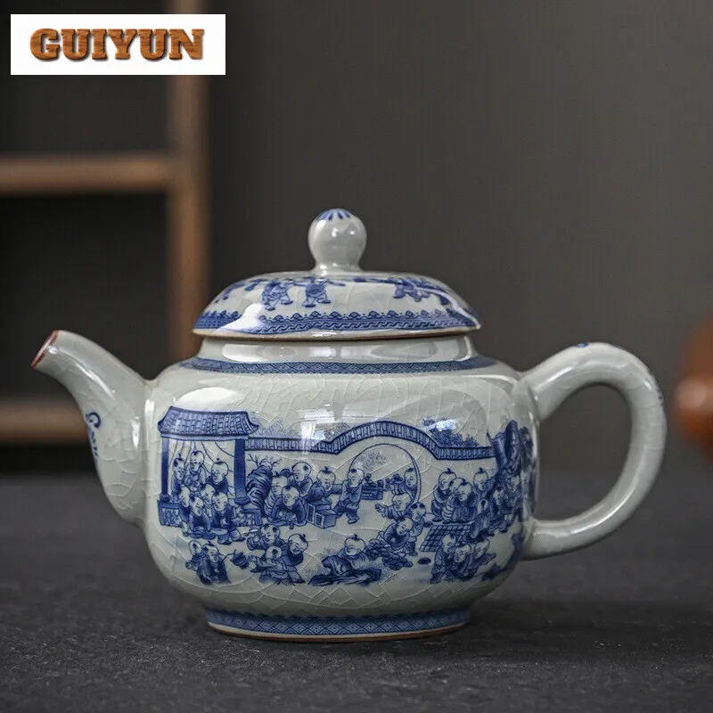 250ml Blue and White Porcelain Handmade Teapot Household Thousands of Miles Teapot Jingdezhen Pot Tea Making Kettle Teaset Gifts