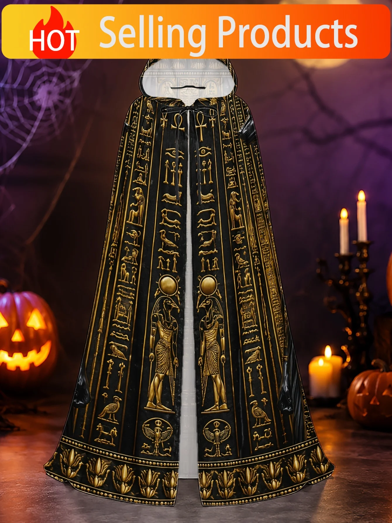 1pc Unisex Adult Hooded Robe with Ancient Egyptian Anubis Statues in Golden Pattern, Polyester Cape for Halloween Dress-Up, Chri