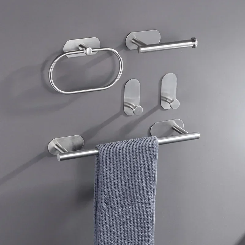 Stainless Steel No Drilling Self-adhesive Towel Bar Paper Holder Robe Hook Towel Rack Black Silver Gold Bathroom Hardware Set