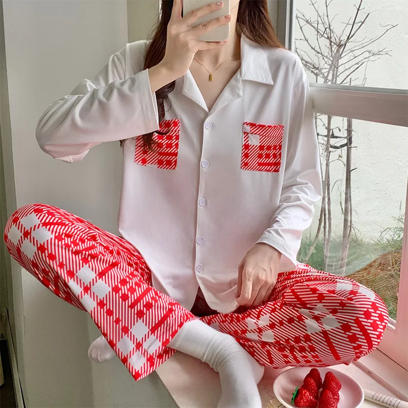 Women 2 Pieces Pajamas Sets 100% Cotton Pijama Plaid Female Pyjama Sleepwear Long Sleeve Shirt Pants Suit Homewear Loungewear