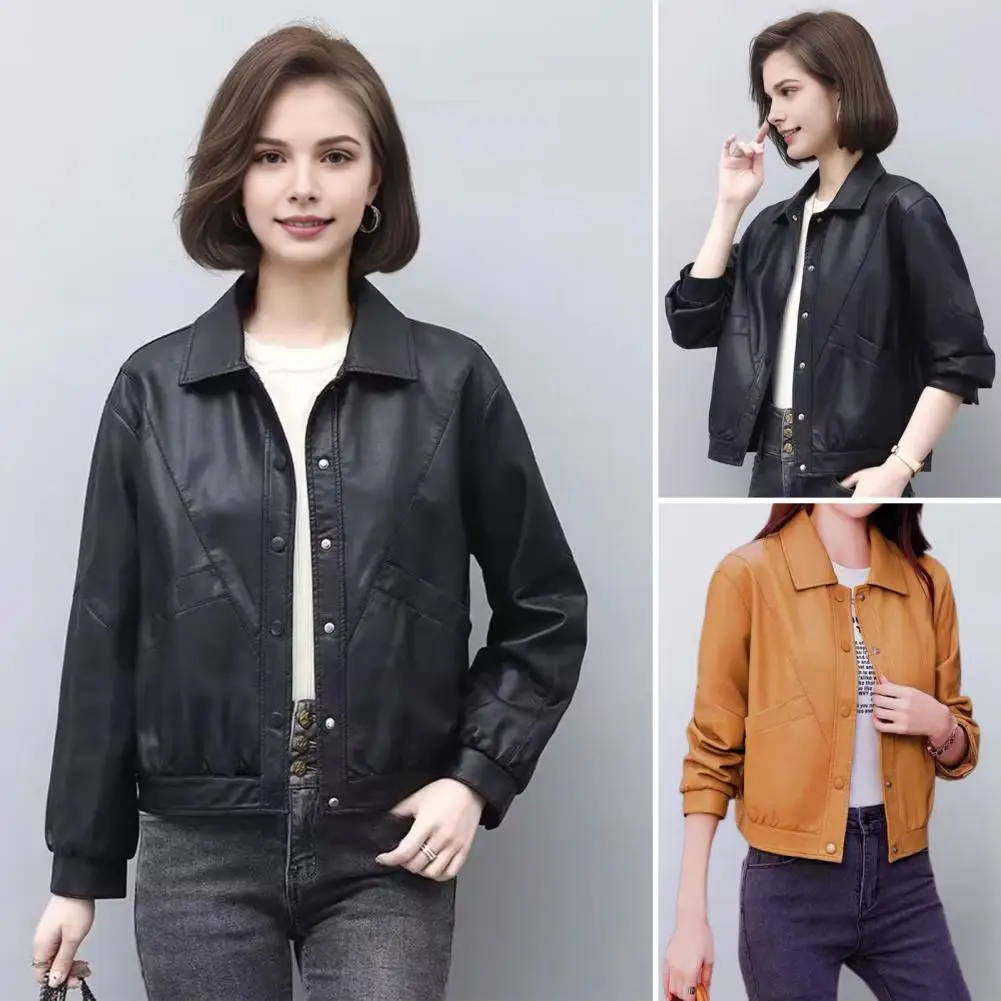 Faux Leather Motorcycle Coat Retro Motorcycle Coat with Faux Leather Smooth Surface Turn-down Collar for Women Stylish Office