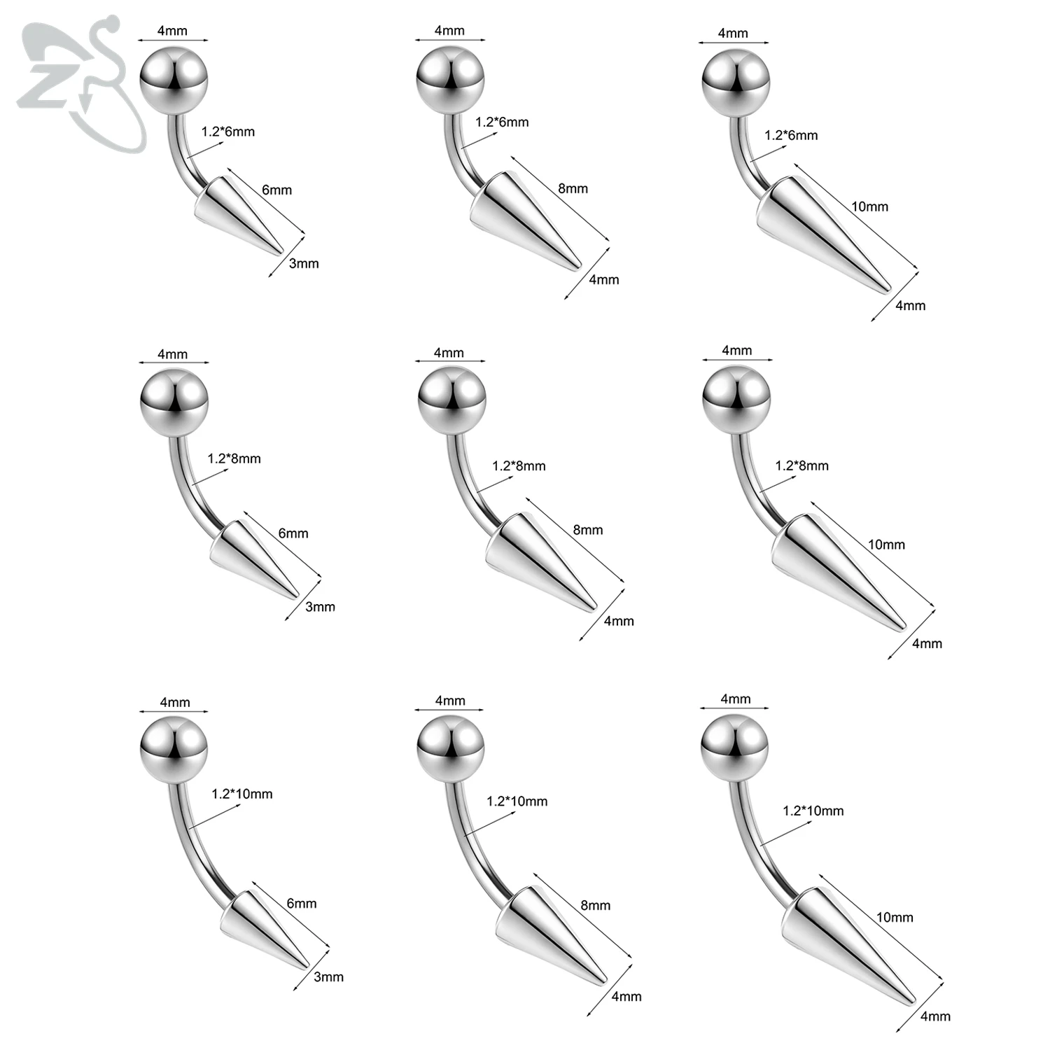ZS 10pcs/lot Punk Spike Stainelss Steel Eyebrow Piercing Men 16G Curved Labret Lip Studs Helix Lobe Piercings Earring 6/8/10MM