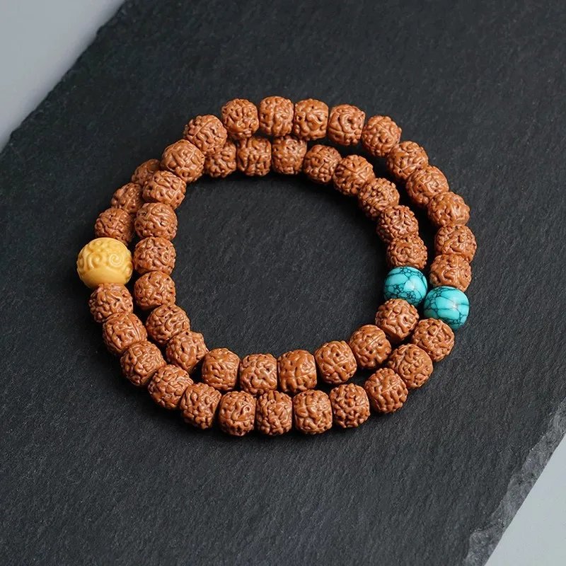Dragon Pattern Nepal Rudraksha Bracelet with Turquoise Accessories Unisex Prayer Beads Wrist Jewelry for Meditation Gifts