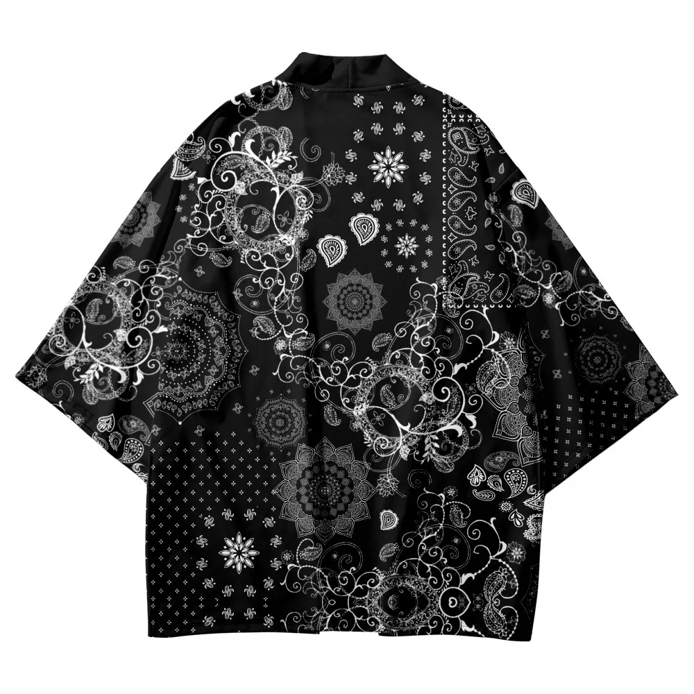 Black Traditional Cashew Flowers Print Kimono 2022 New Arrival Streetwear Men Cardigan Haori Japanese Style Clothes Summer Tops