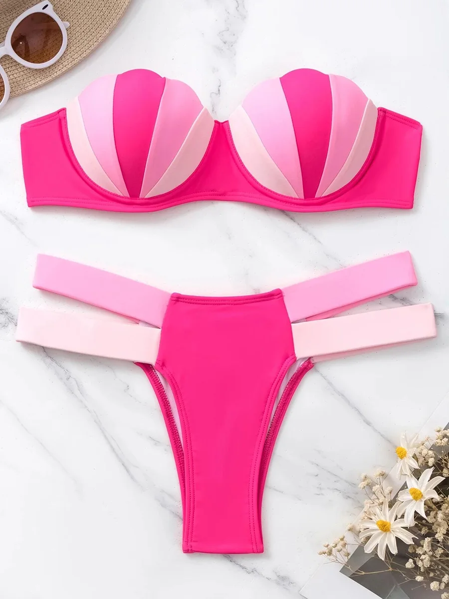 Setelan baju renang wanita, Bikini Cup Bra tanpa kawat Splicing wanita Bandeau pakaian renang wanita Set Bikini dua potong baju renang wanita