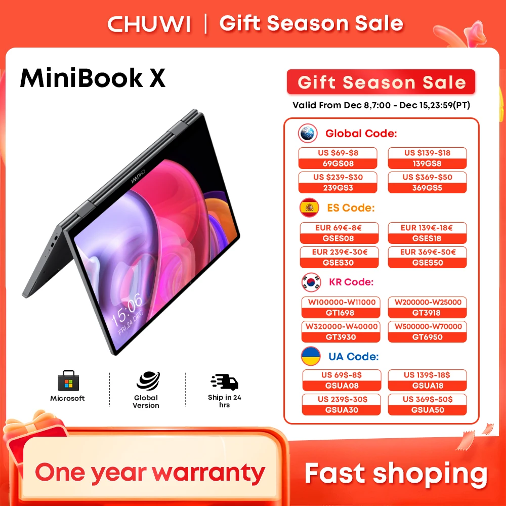 CHUWI MiniBook X 2-en-1 Tablet portátil Intel N100 Notebook 12GB LPDDR5 512G SSD 10,51 