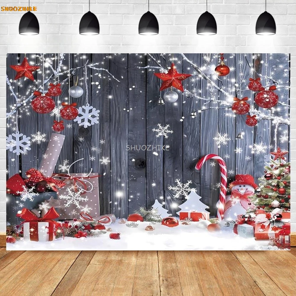 Retro Wood Board Christmas Backdrop Photography Wood Wall Xmas Tree Gift Red Star Balls Family Party Photo Background Photocall