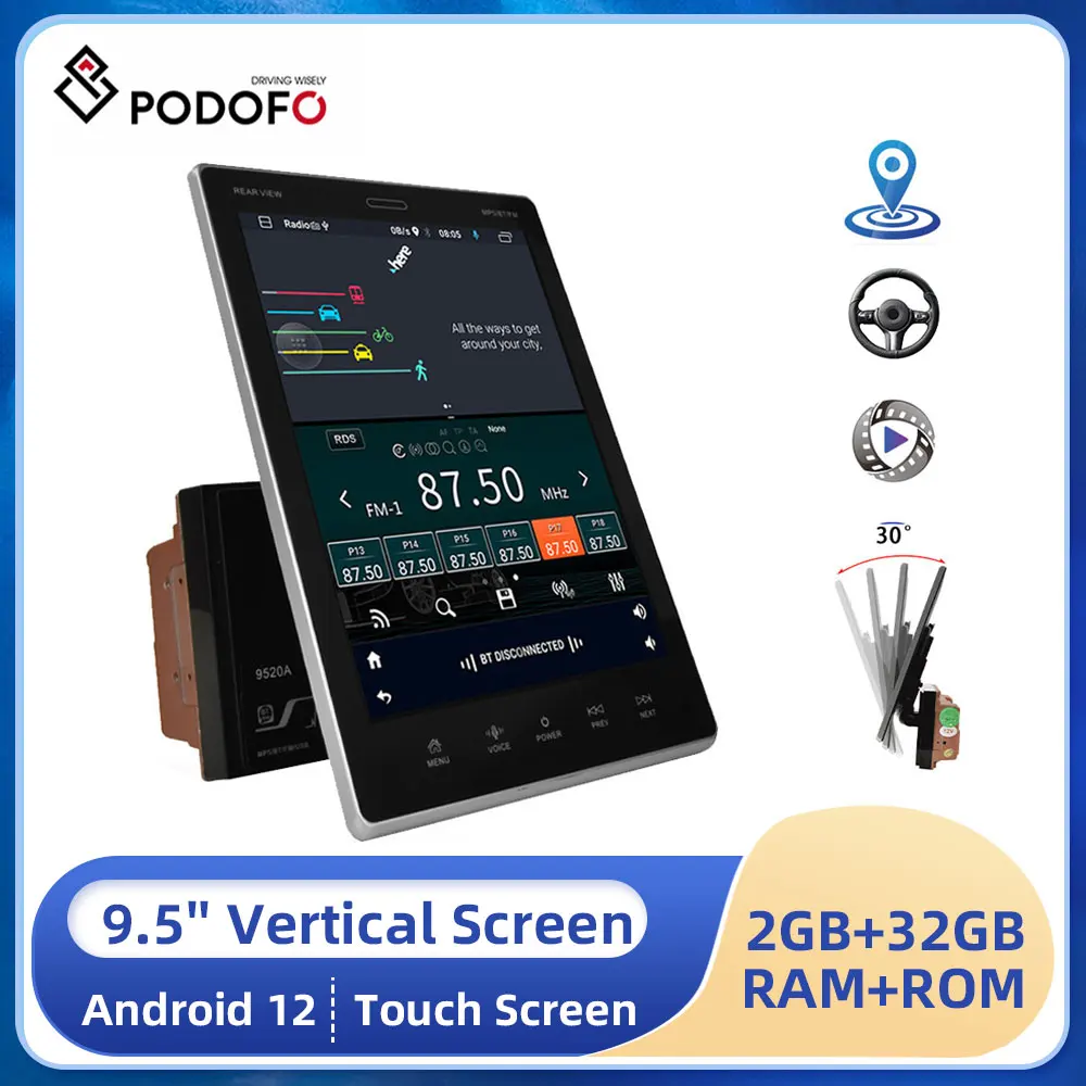 

Podofo 2 Din Android Car Radio GPS Stereo Receiver 9.5" Vertical screen Multimedia Player For VW Nissan Hyundai Toyota Audi Benz