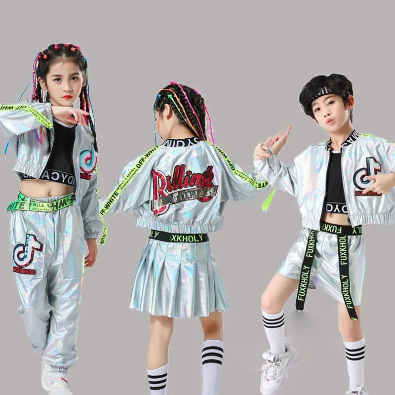 Jongen Hip-Hop Set Meisje Zilveren Kleur Jazz Dance Kostuum Kid Catwalk Dance Kostuum Cool Rave Outfits Kinderen Performance Kleding