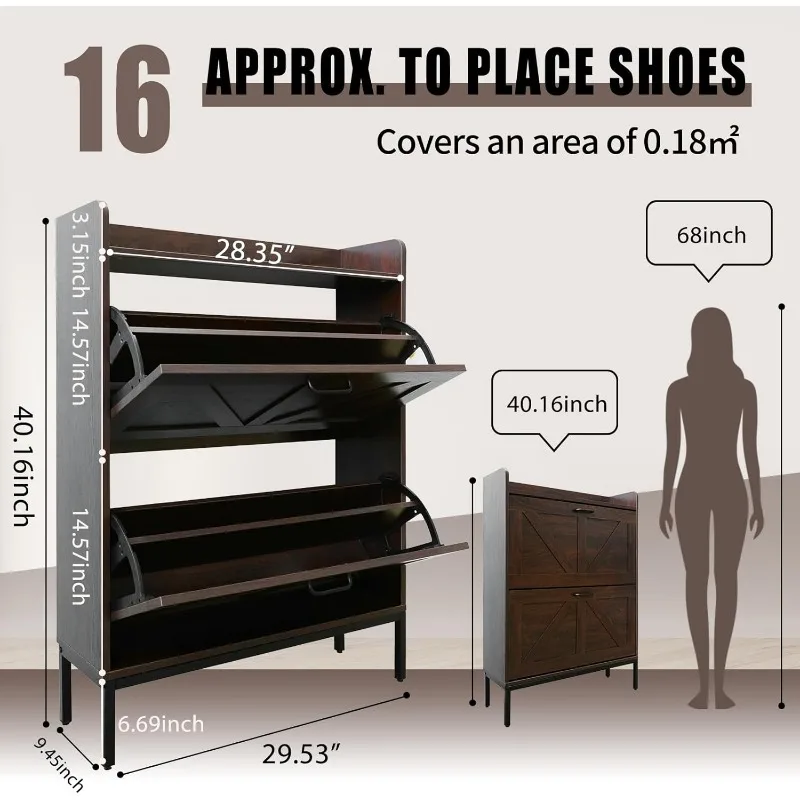 Armoire de rangement pour chaussures avec 2 fermetures à rabat, supports de rangement autoportants minces pour entrée, couloir, organisateurs étroits cachés