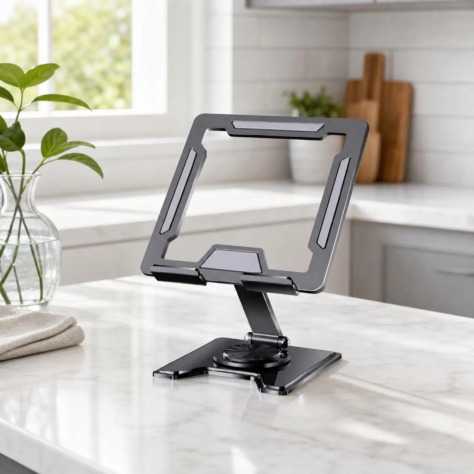 Metal Desktop Stand with Rotating Base Anti-Slip Folding Device Cradle Stand Space-Saving Holder for Home Office, Video Calls,