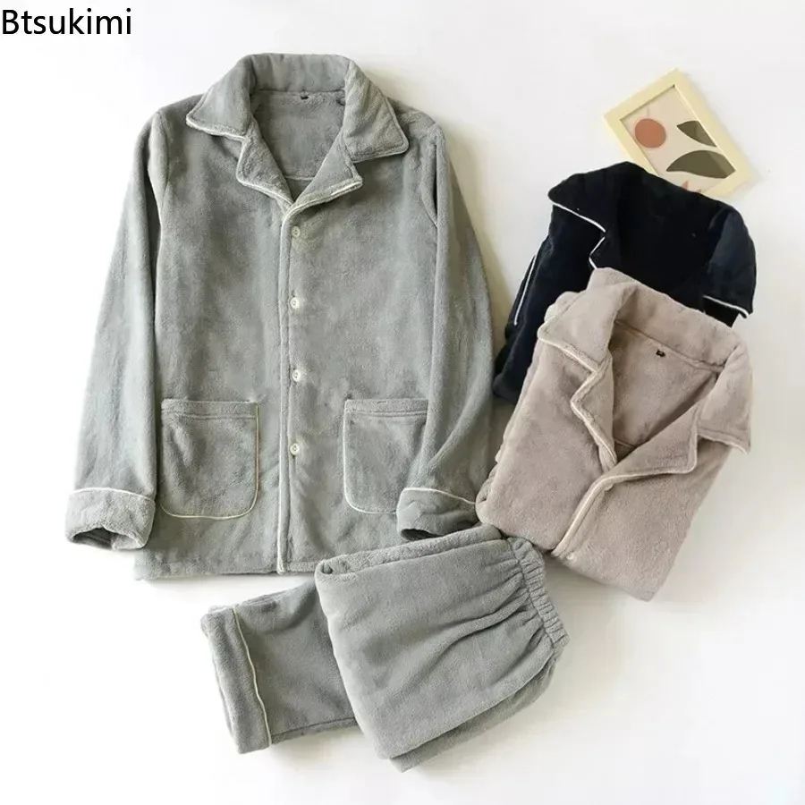 

Новые мужские теплые пижамные комплекты из кораллового флиса 2026 года, осенне-зимние утолщенные мужские домашние костюмы с длинным рукавом, комплекты для сна из 2 предметов