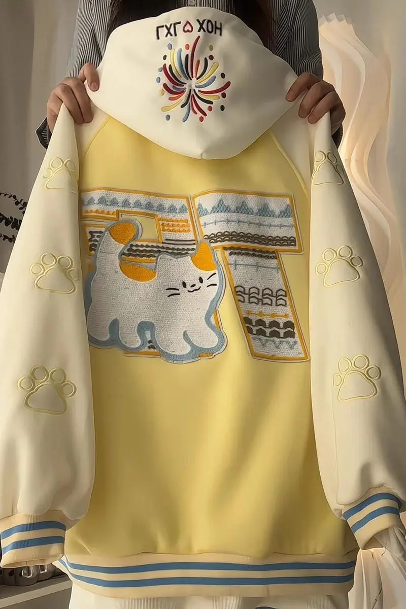 

​​Korean Adorable Cat Embroidery Baseball Jacket Women 2025 Spring Fall Color Block Loose Fit Lightweight Casual Outerwear​​