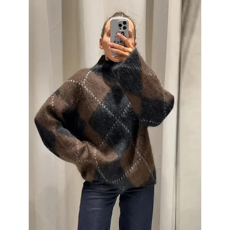 

Вязаные женские водолазки в ромбовидную клетку, комплекты с юбкой, свободный пуловер с длинными рукавами, мини-прямая юбка