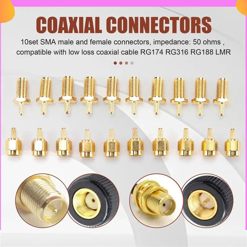 

A23P 10Pcs SMA Male And Female Coaxial Connectors And Crimper For SMA-RG174 RG316 Wifi Antenna Extension Cable