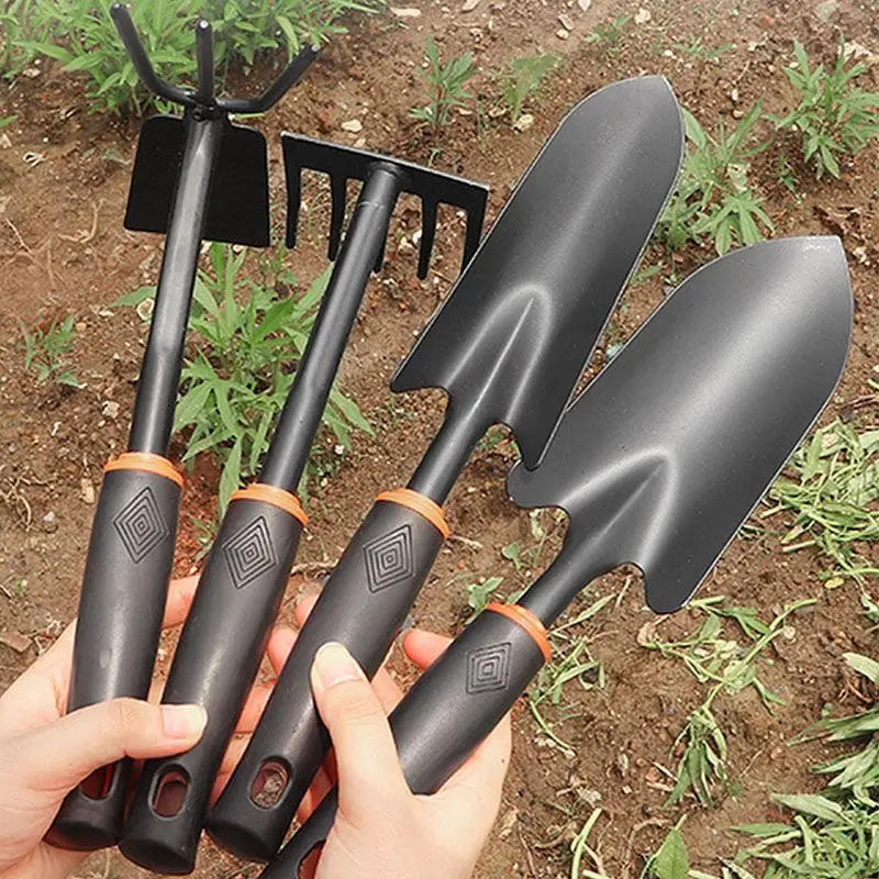 

4 Pcs Garden Hand Tools - Small Shovel, Trowel, Rake, Hoe for Digging, Planting, Farm & Beach