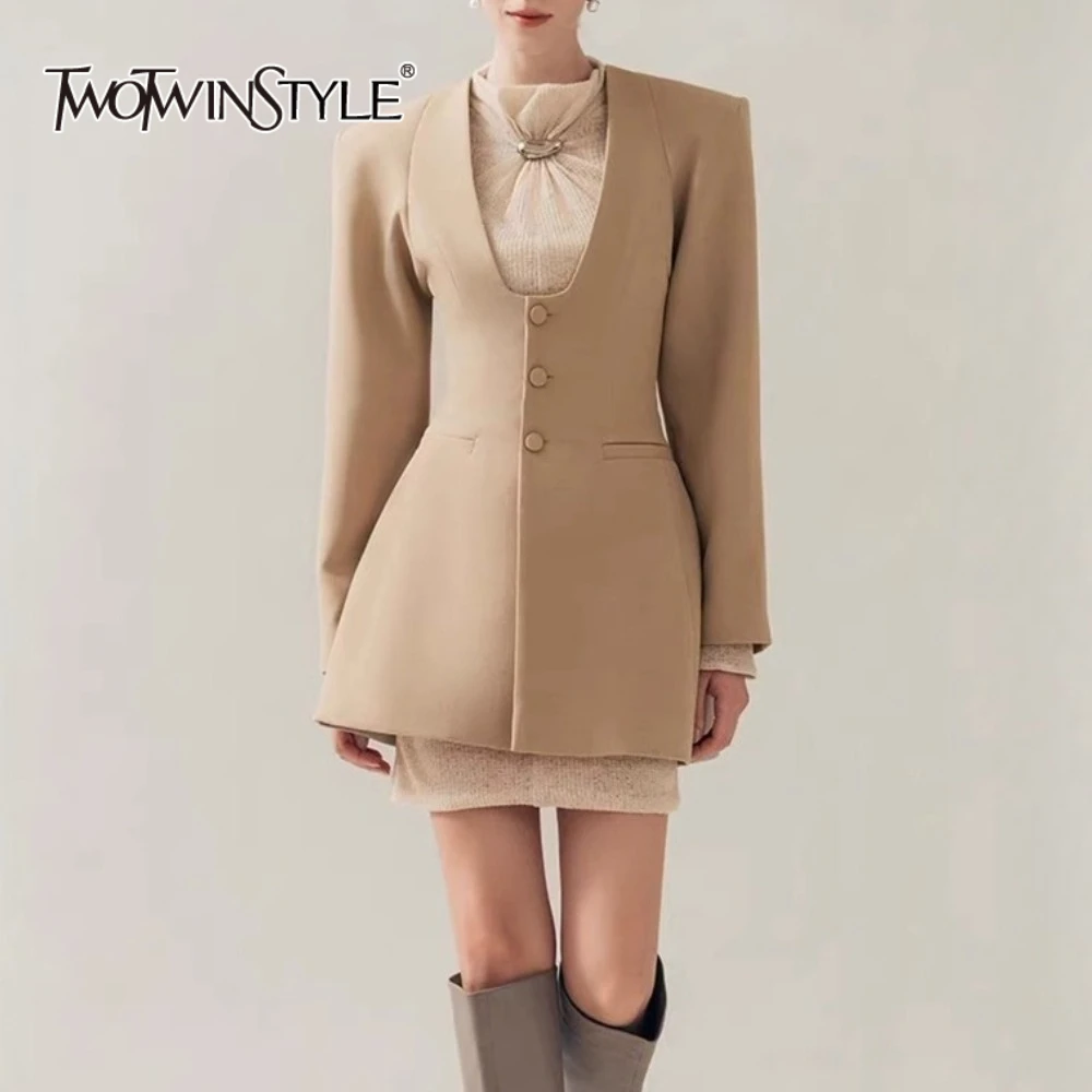 

TWOTWINSTYLE Solid Slimming Spliced Single Breasted Vintage Blazers for Women Square Neck Long Sleeves Tunic Blazer Female New